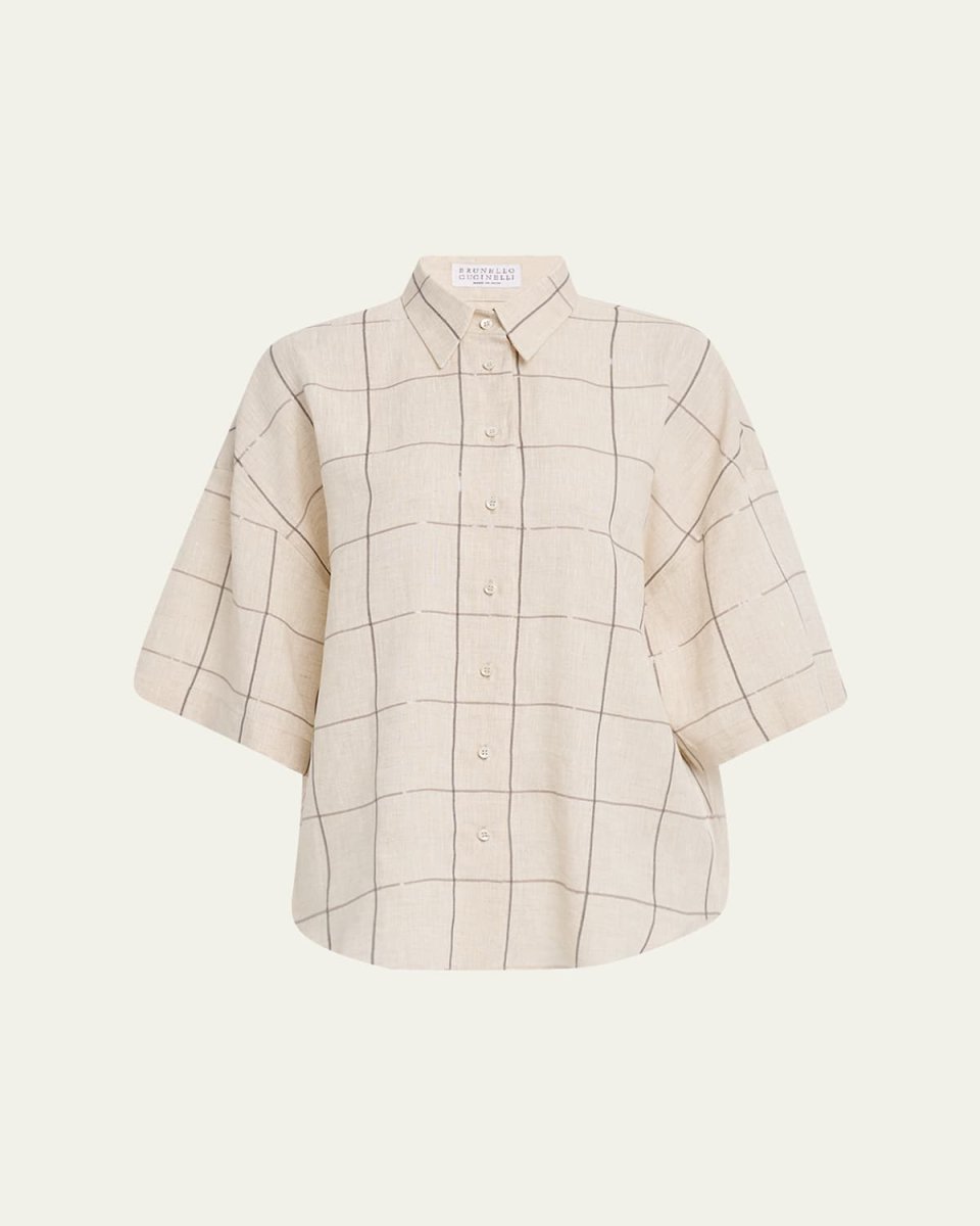 Paillette Check Light Linen Button-Down Shirt